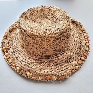 Scala Collection Tan Beach Woven Straw Hat with Wood Beads Size 57cm / Medium